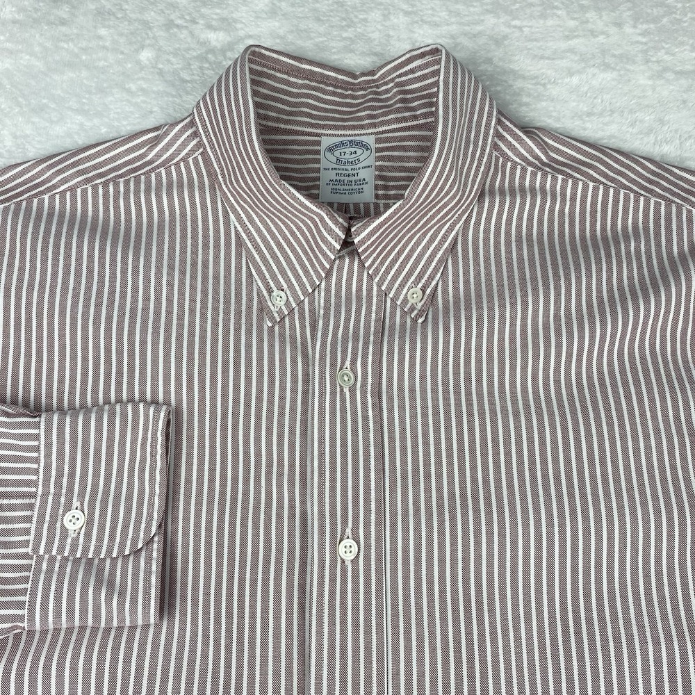 Brooks Brothers Shirt Mens 17-34 Light Burgundy Stripes Regent Fit 100% Cotton
